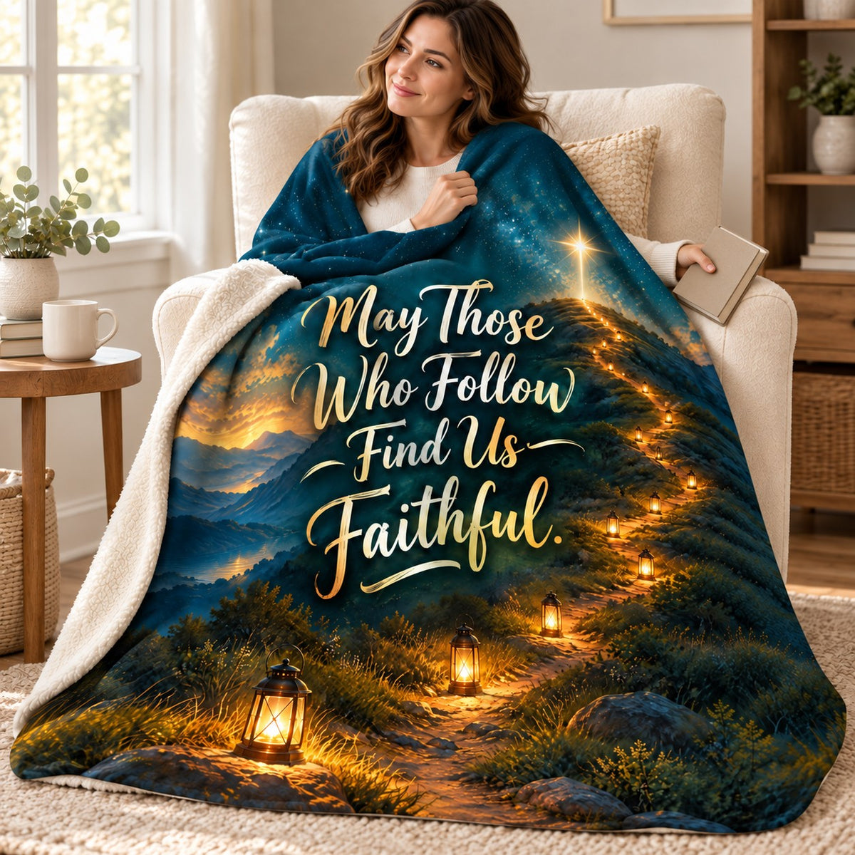 May Those Who Follow Find Us Faithful. blanket, wrapped around a reader