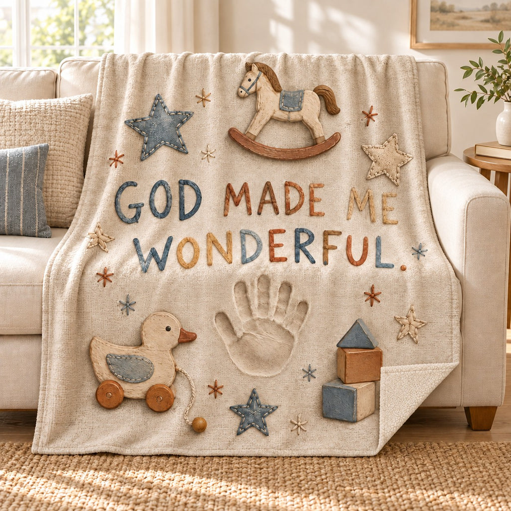 God Made Me Wonderful. blanket, on a sofa