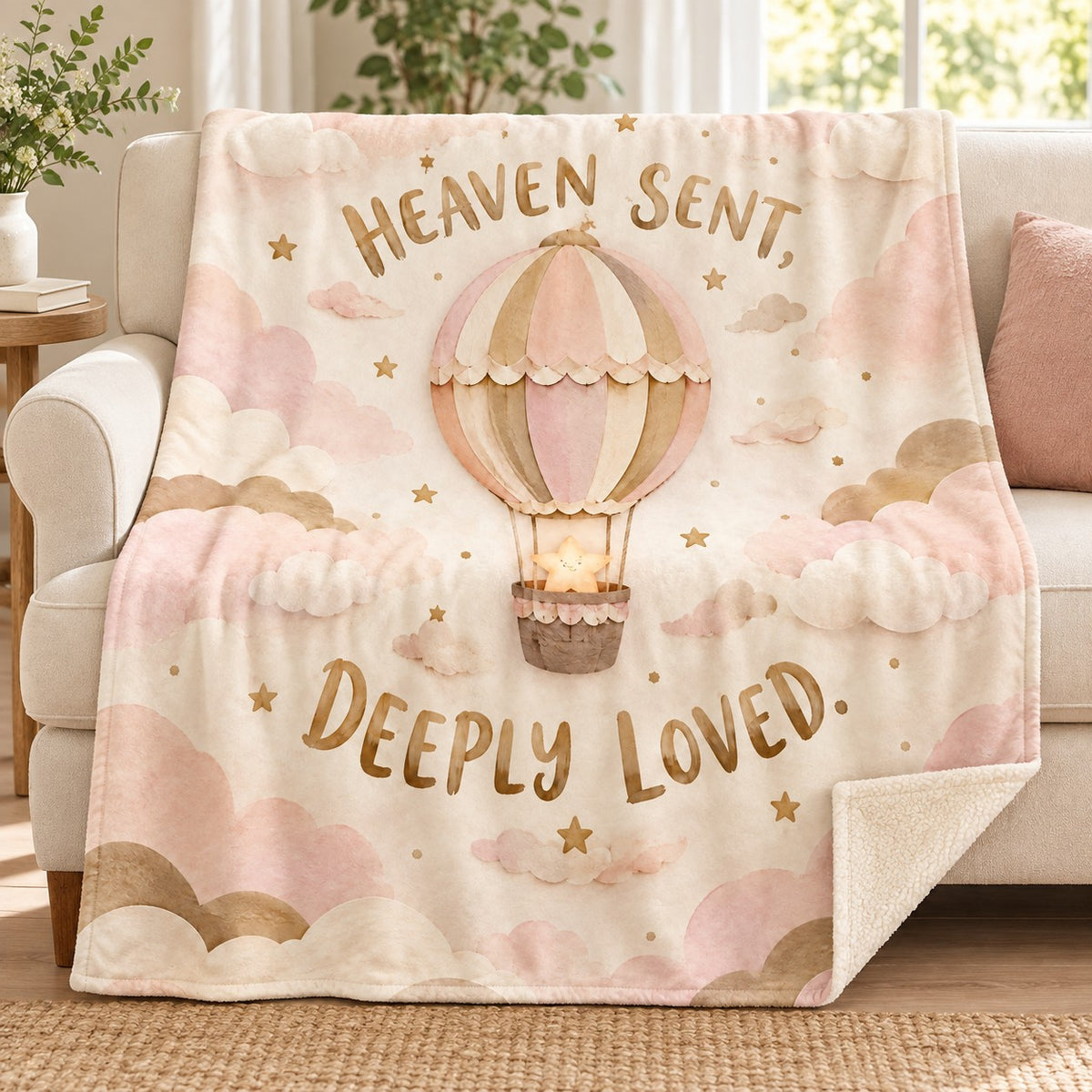 Heaven Sent, Deeply Loved. blanket, on a sofa