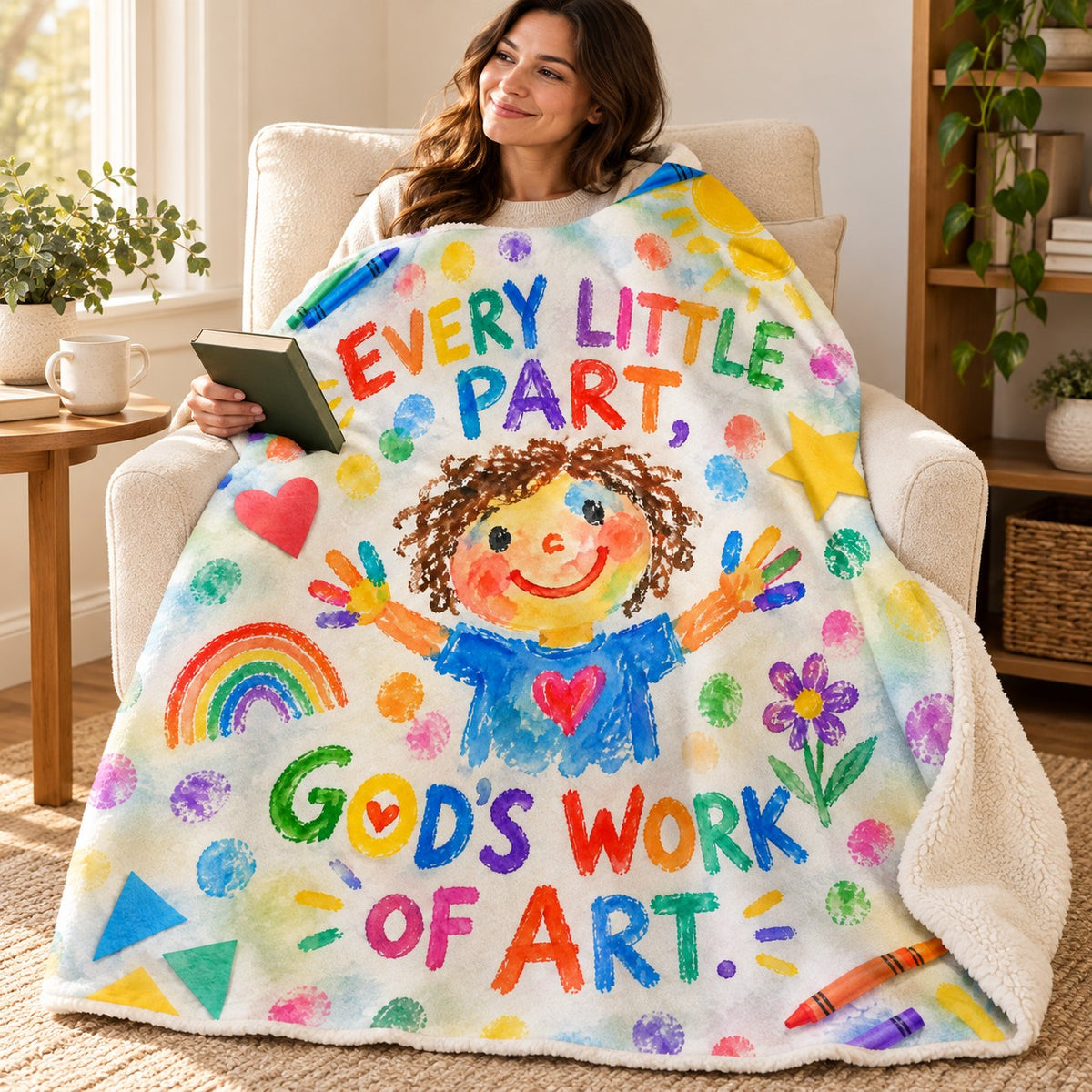 Every Little Part, God's Work of Art. blanket, wrapped around a reader