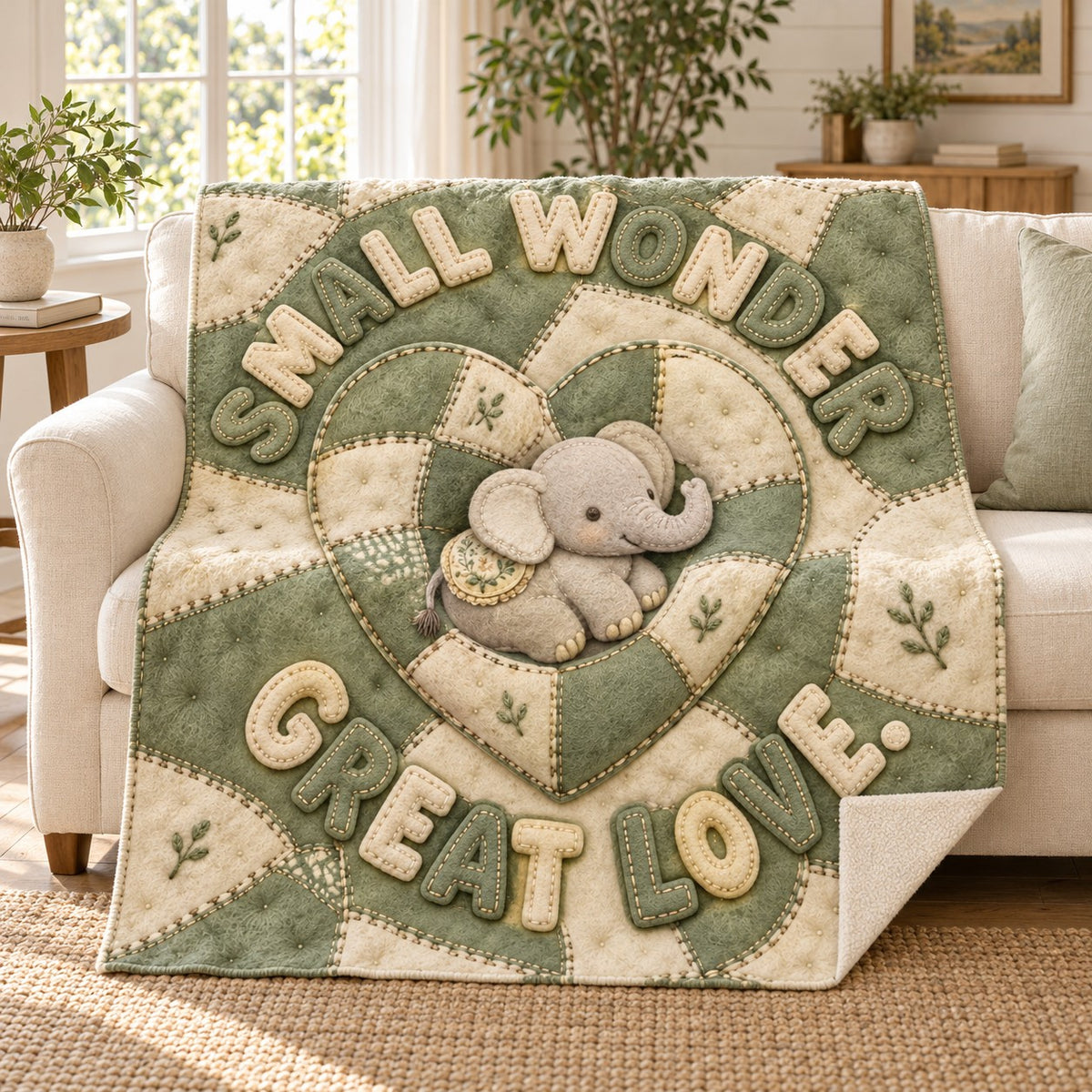 Small Wonder, Great Love. blanket, on a sofa