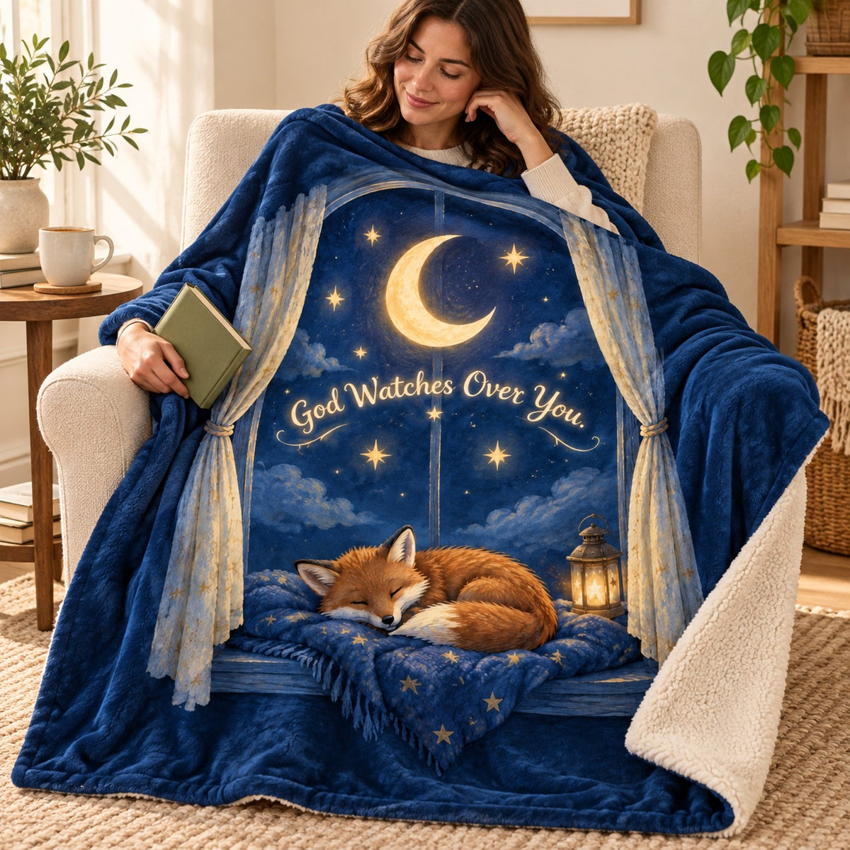 God Watches Over You. blanket, wrapped around a reader