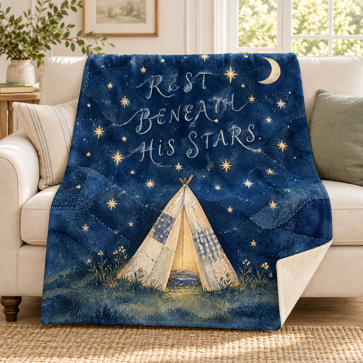 Rest Beneath His Stars. blanket, on a sofa