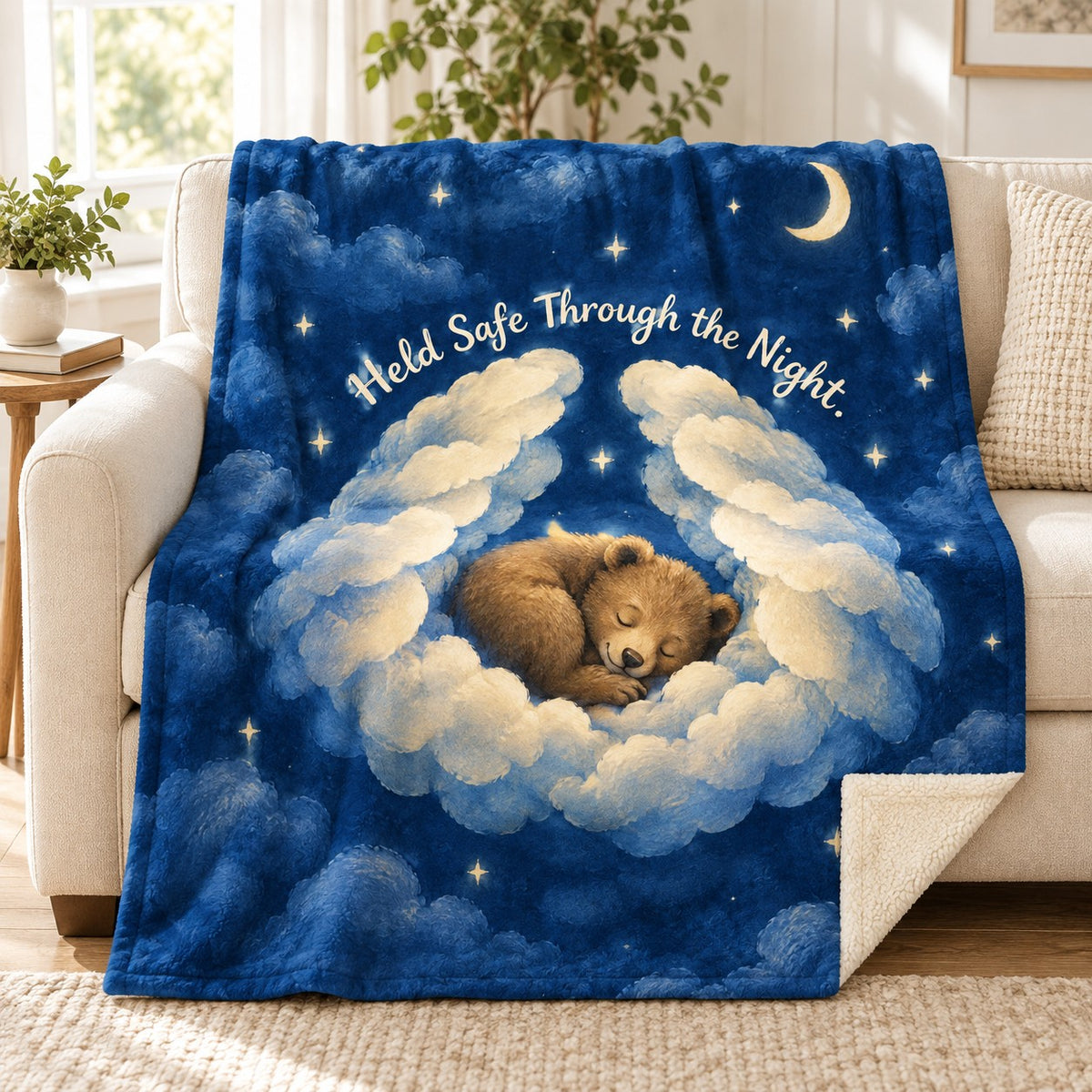 Held Safe Through the Night. blanket, on a sofa
