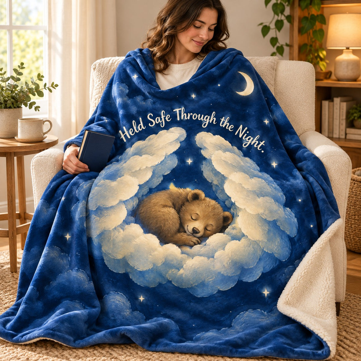 Held Safe Through the Night. blanket, wrapped around a reader