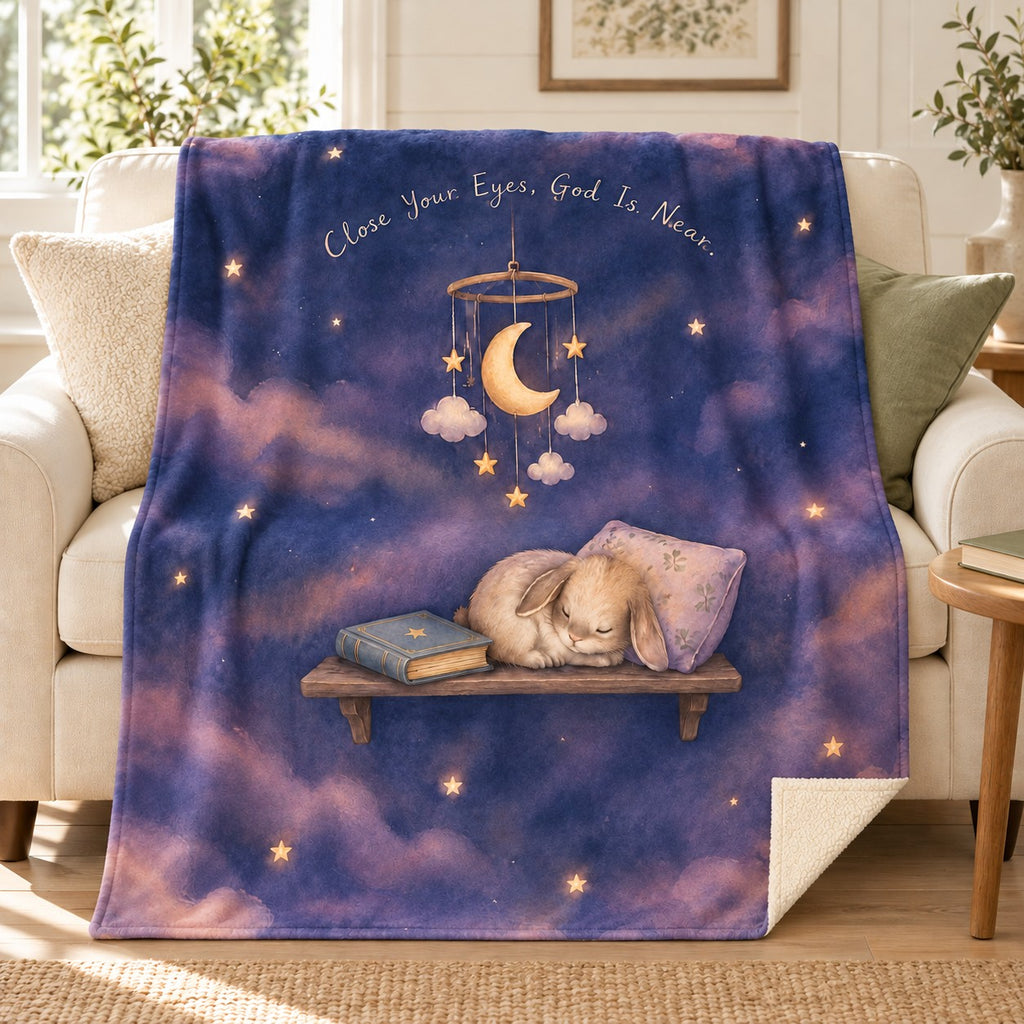 Close Your Eyes, God Is Near. blanket, on a sofa