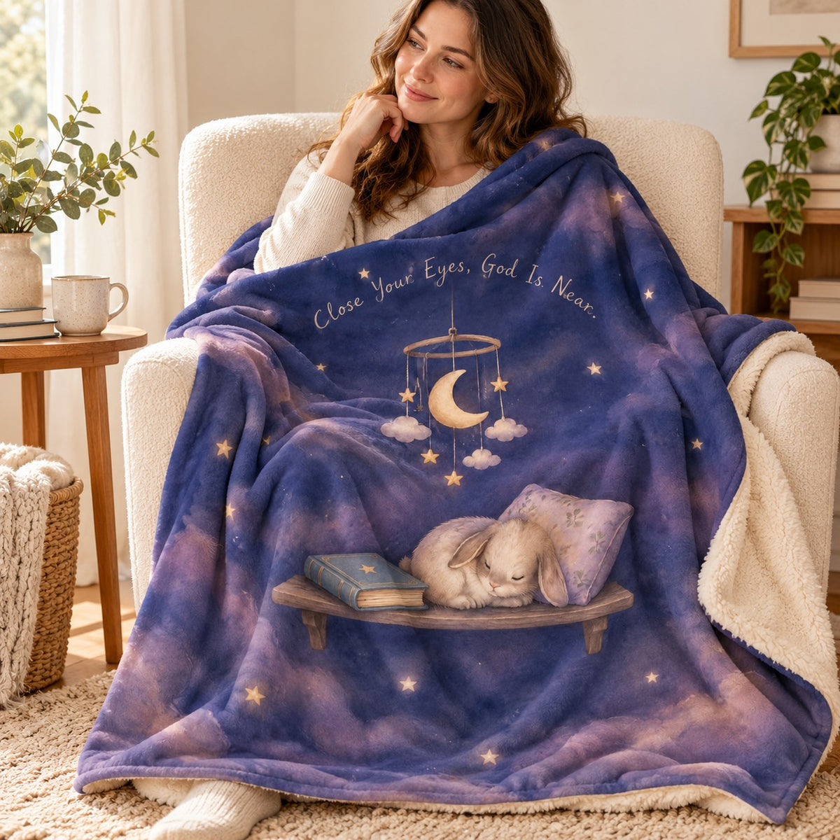 Close Your Eyes, God Is Near. blanket, wrapped around a reader