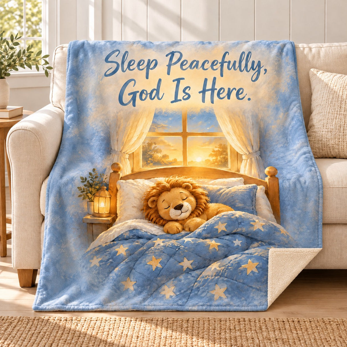 Sleep Peacefully, God Is Here. blanket, on a sofa