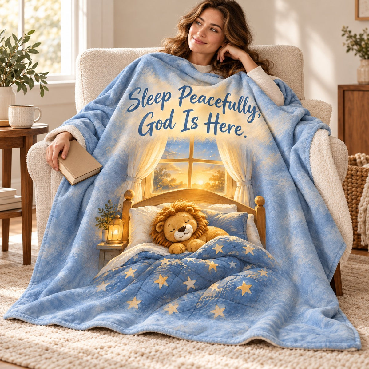 Sleep Peacefully, God Is Here. blanket, wrapped around a reader