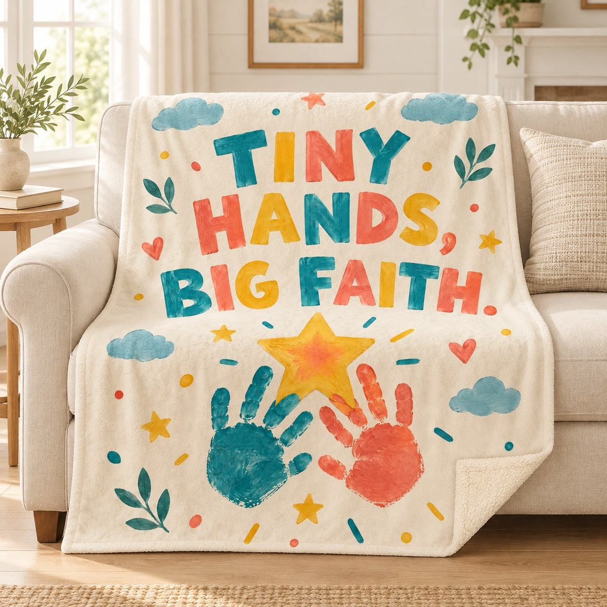 Tiny Hands, Big Faith. blanket, on a sofa