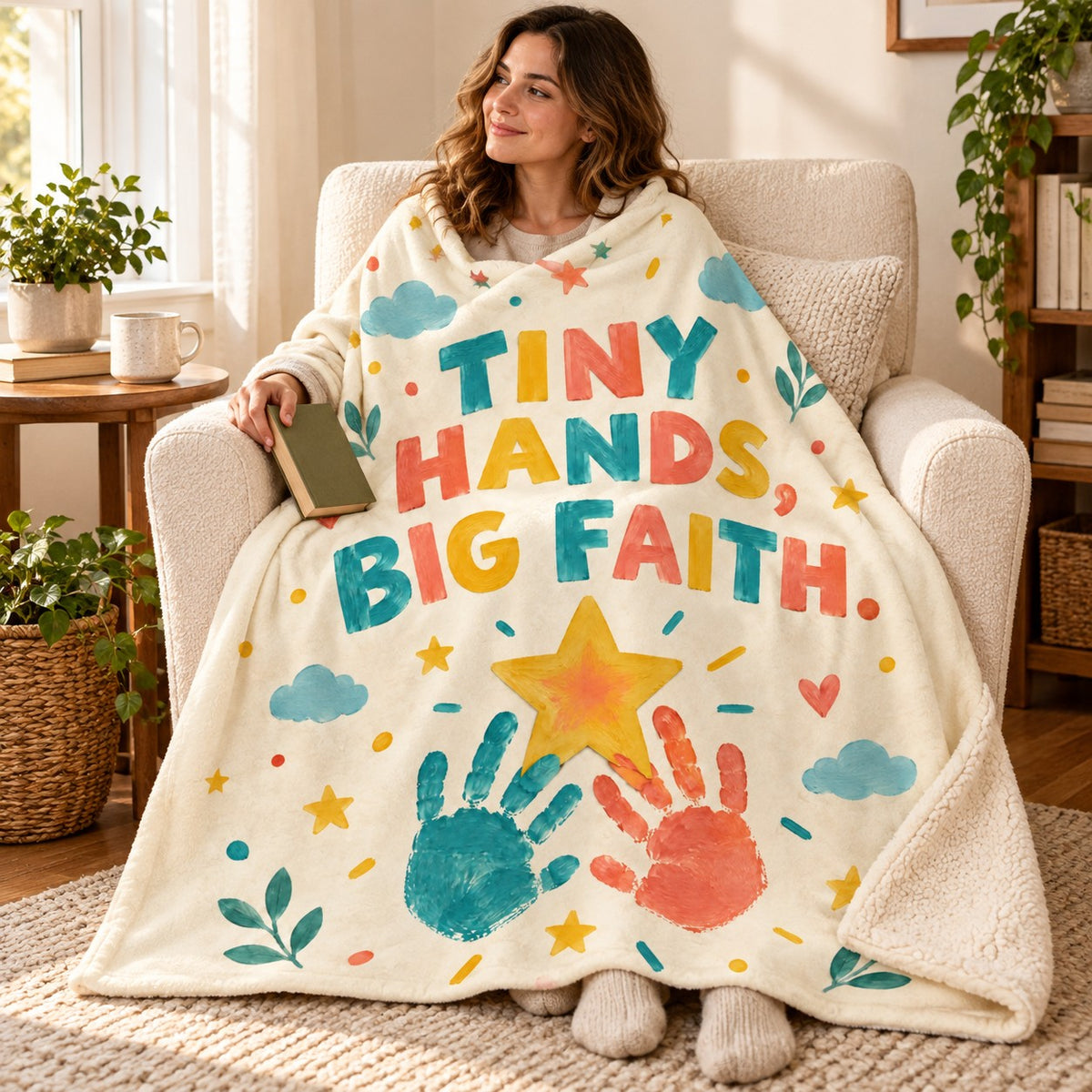 Tiny Hands, Big Faith. blanket, wrapped around a reader
