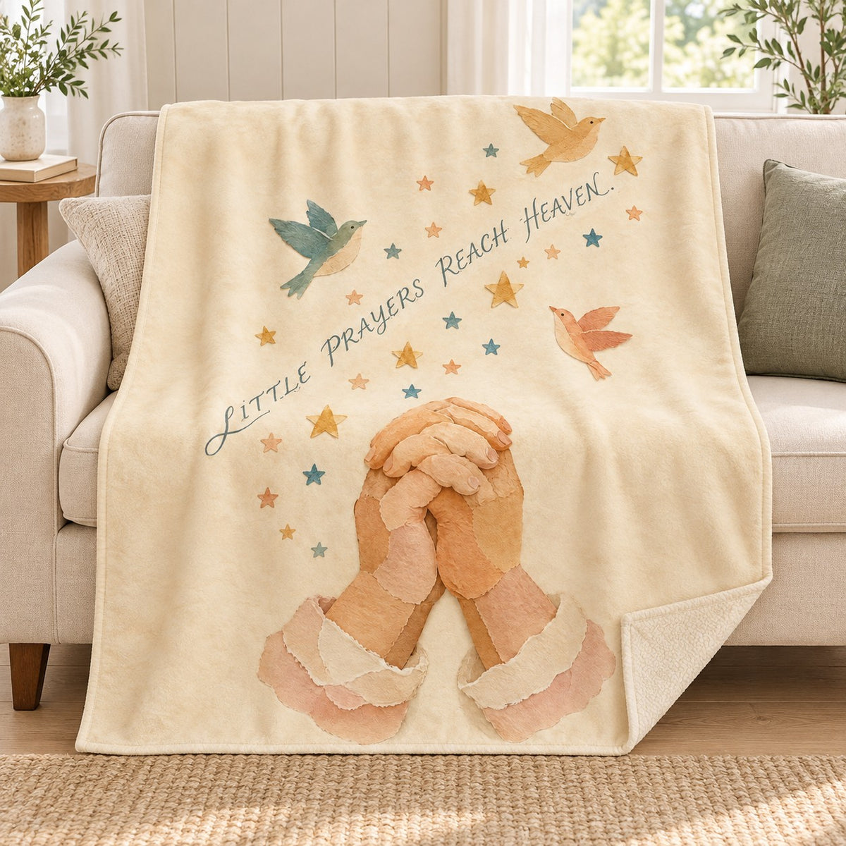 Little Prayers Reach Heaven. blanket, on a sofa
