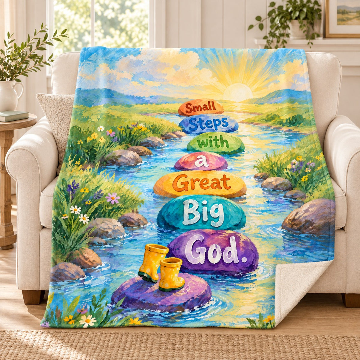 Small Steps with a Great Big God. blanket, on a sofa