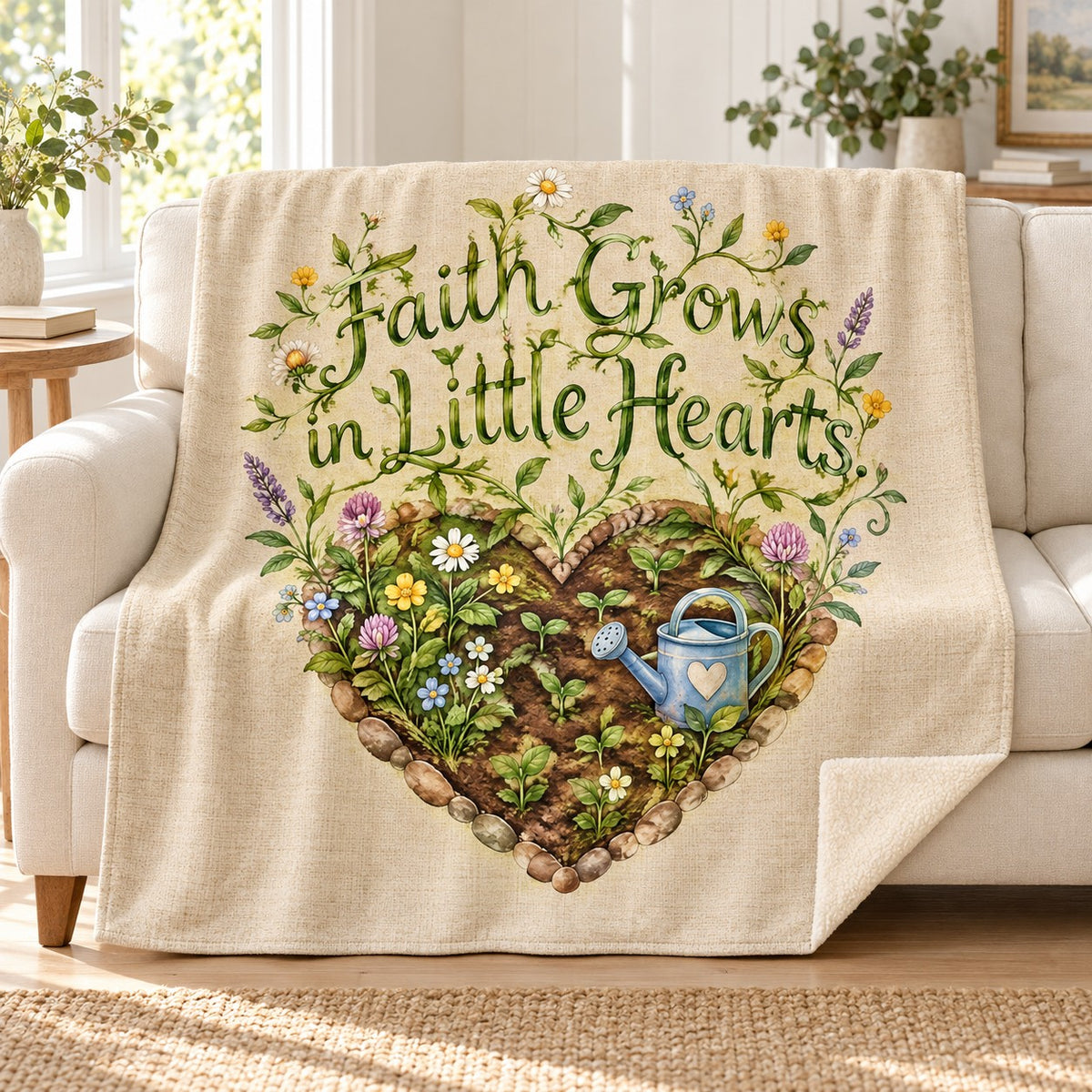 Faith Grows in Little Hearts. blanket, on a sofa