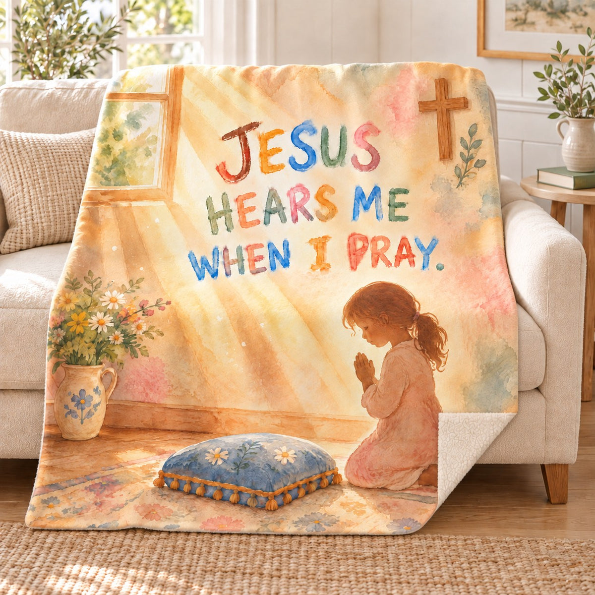 Jesus Hears Me When I Pray. blanket, on a sofa