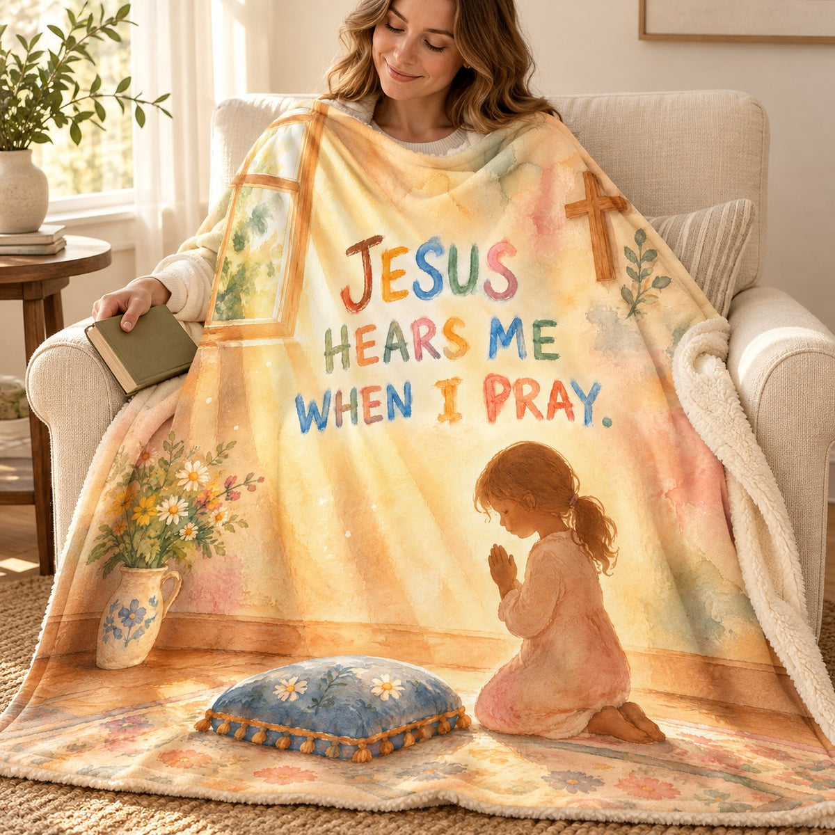 Jesus Hears Me When I Pray. blanket, wrapped around a reader