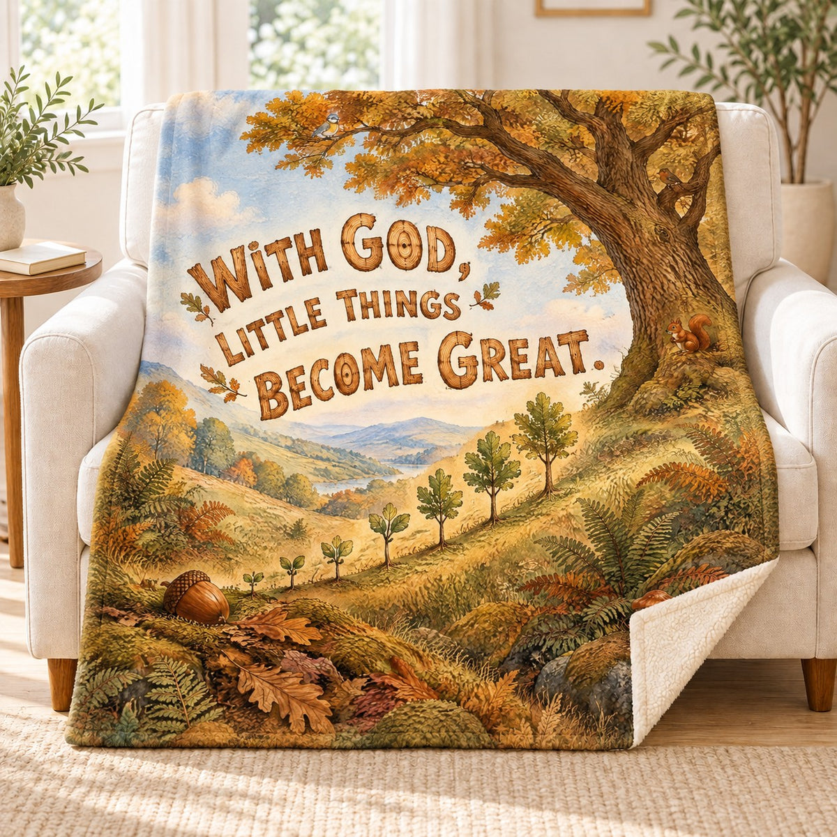 With God, Little Things Become Great. blanket, on a sofa