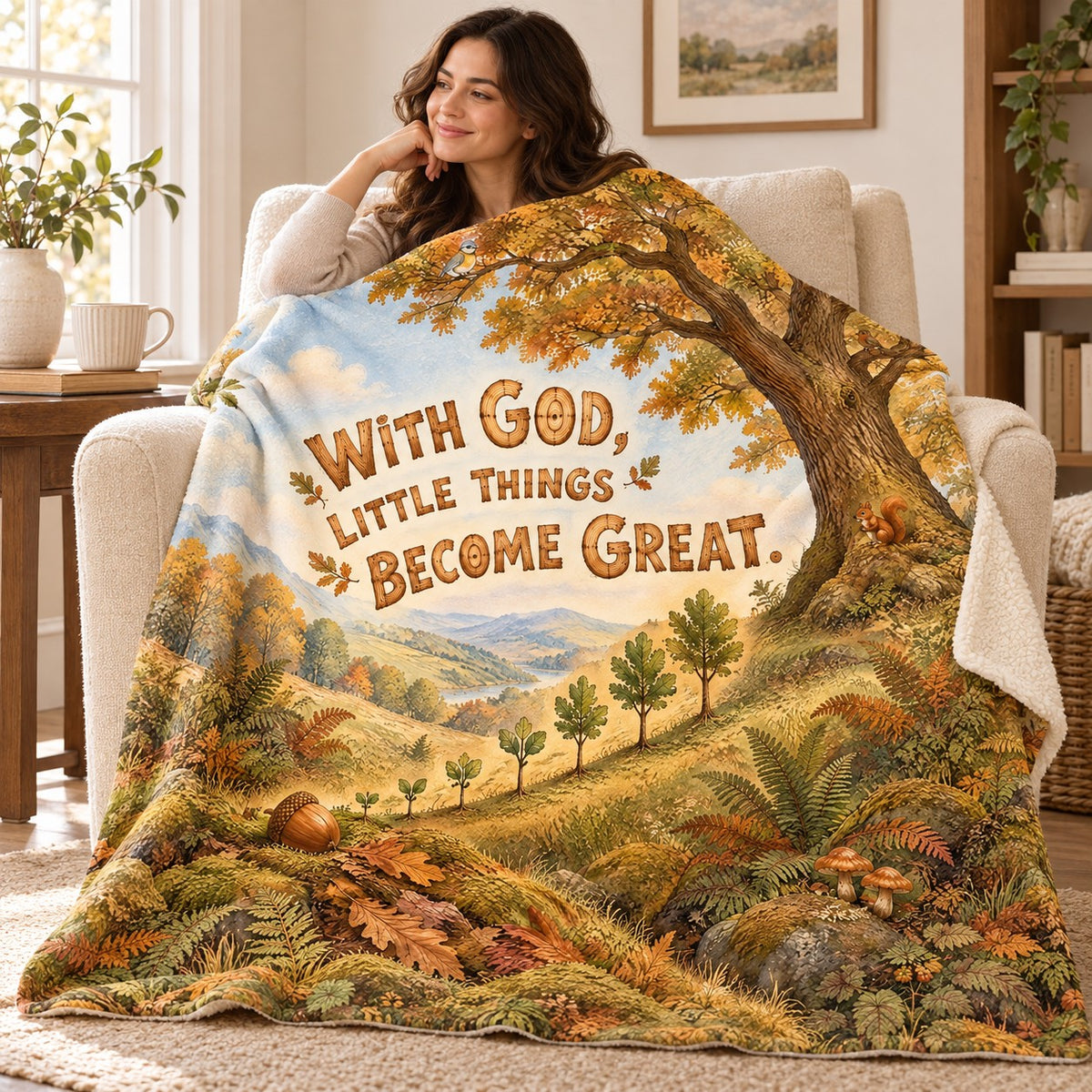 With God, Little Things Become Great. blanket, wrapped around a reader
