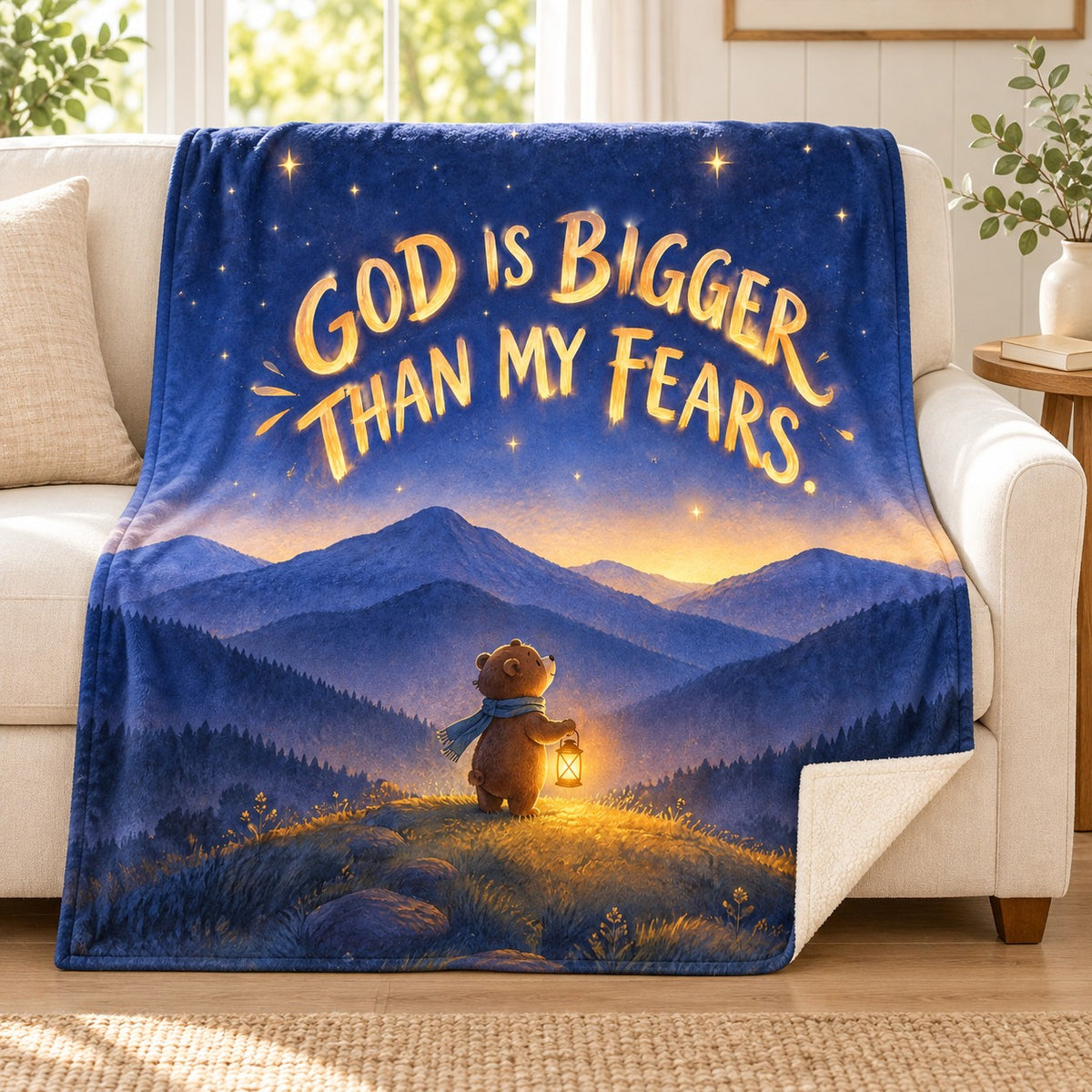 God Is Bigger Than My Fears. blanket, on a sofa