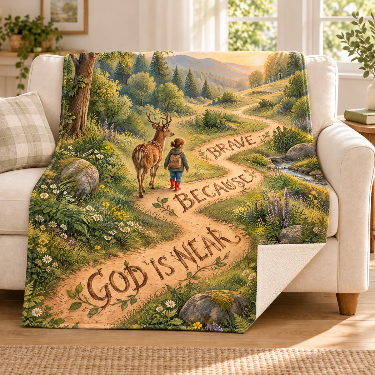 Brave Because God Is Near. blanket, on a sofa
