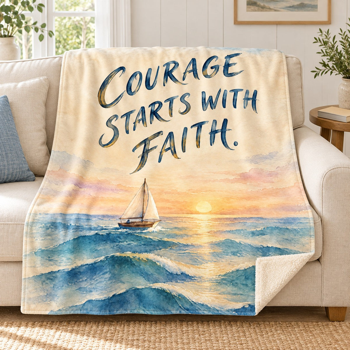 Courage Starts with Faith. blanket, on a sofa