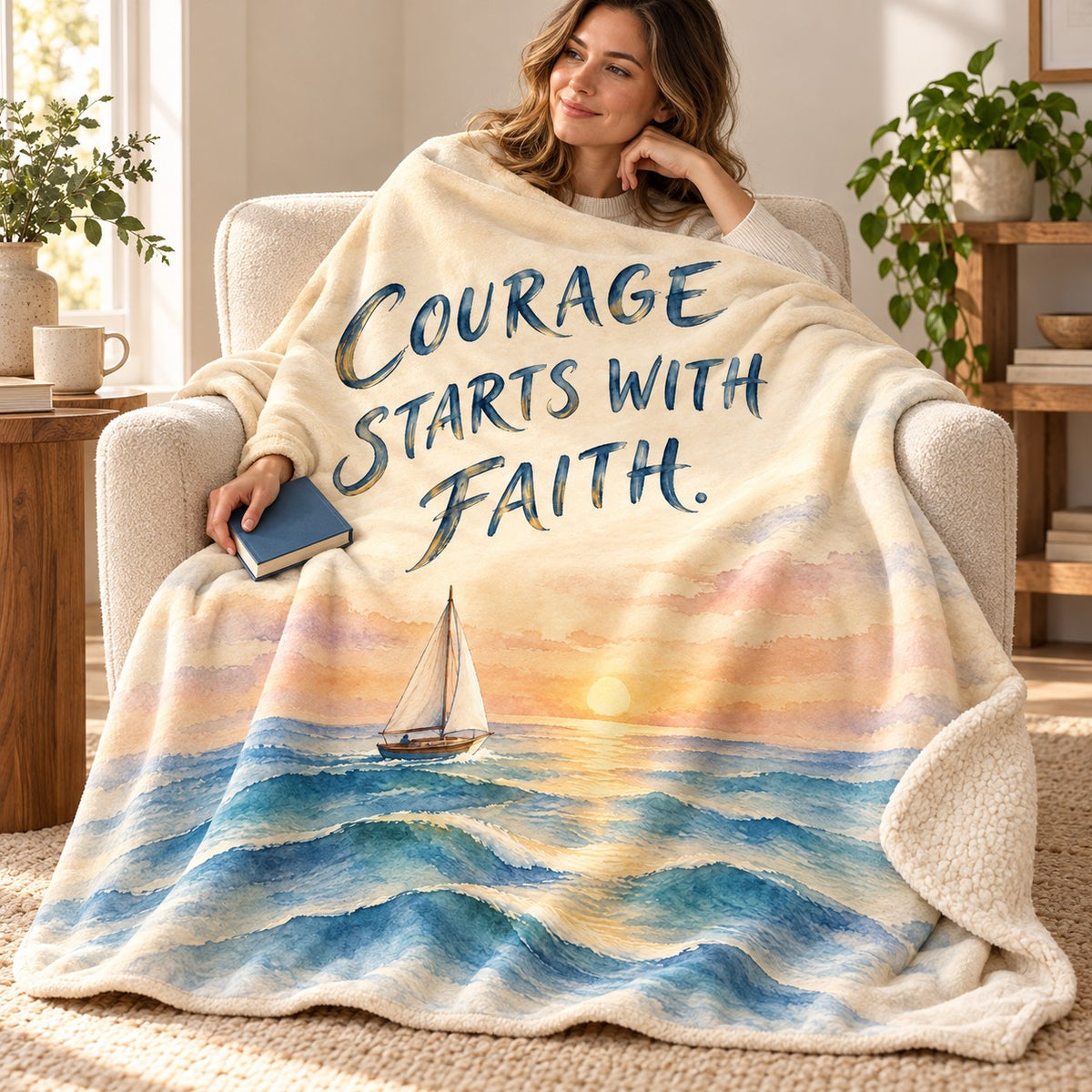 Courage Starts with Faith. blanket, wrapped around a reader