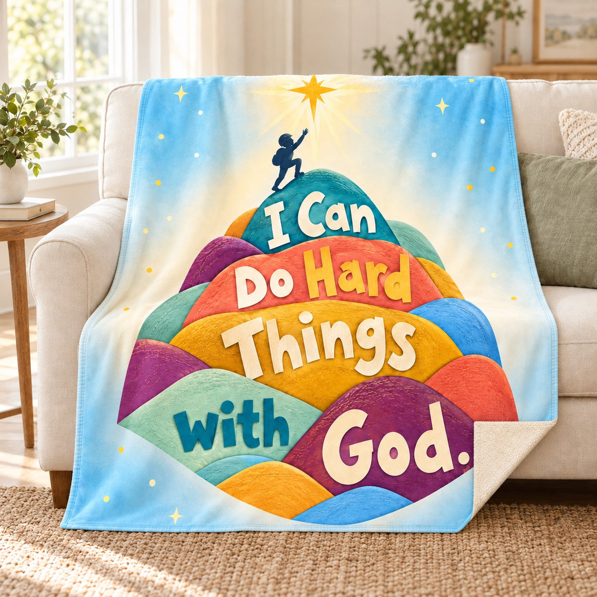 I Can Do Hard Things with God. blanket, on a sofa