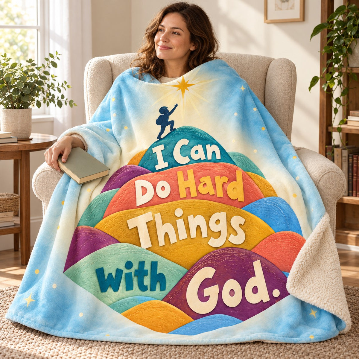 I Can Do Hard Things with God. blanket, wrapped around a reader