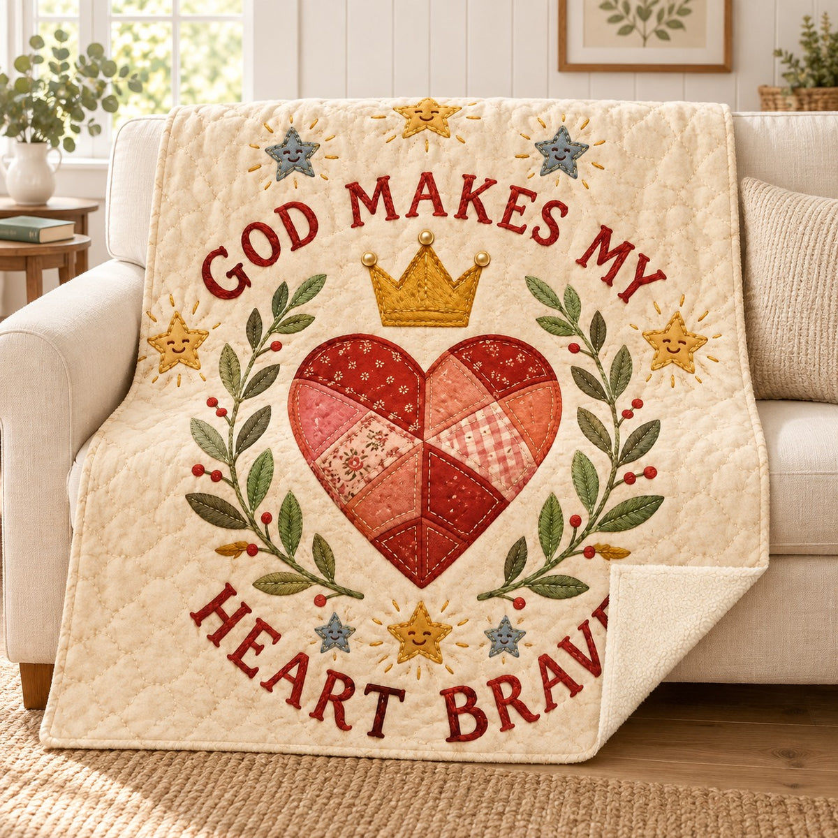 God Makes My Heart Brave. blanket, on a sofa