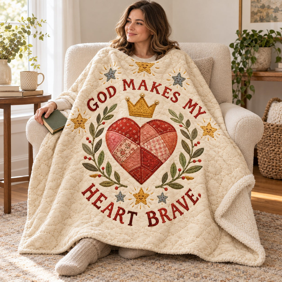 God Makes My Heart Brave. blanket, wrapped around a reader
