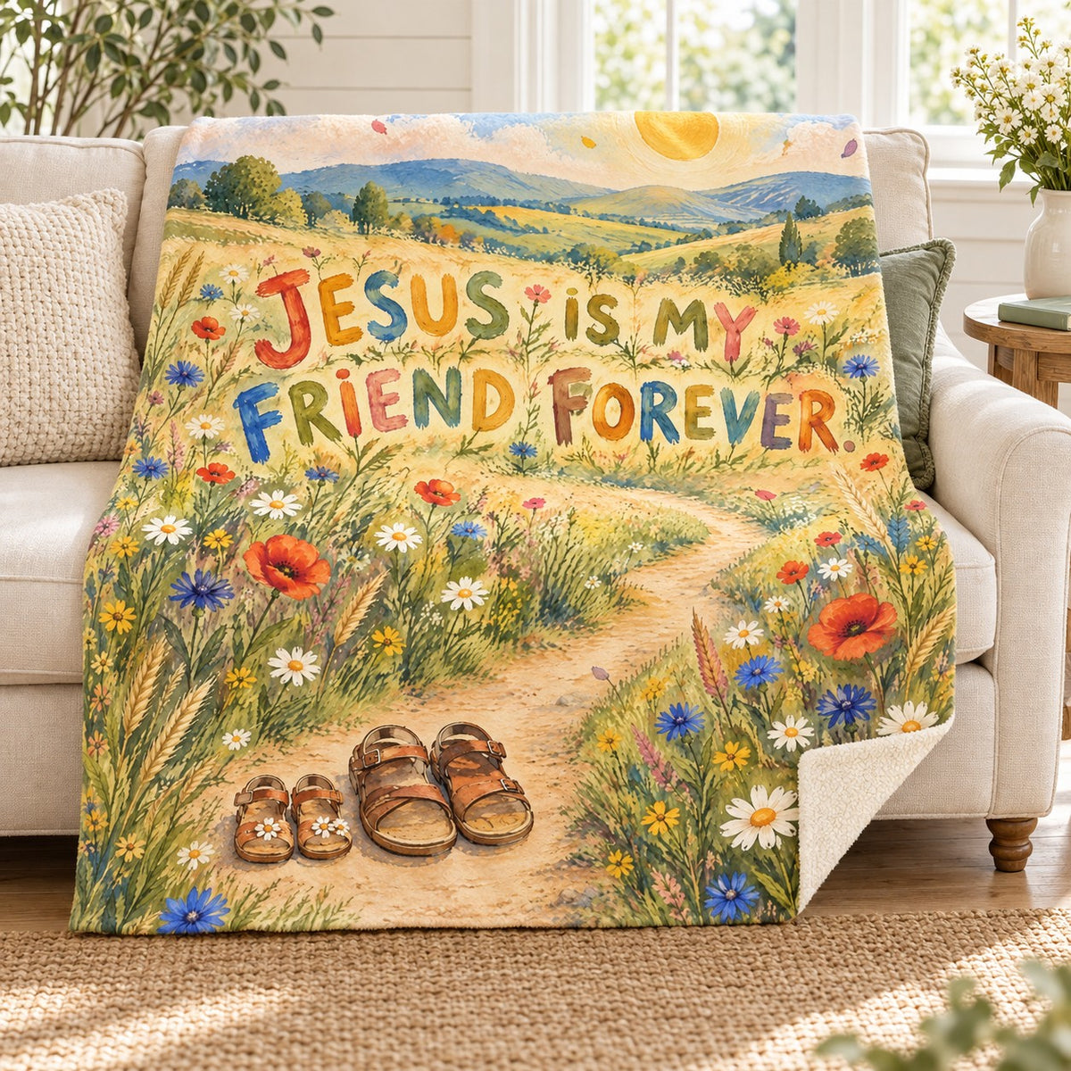 Jesus Is My Friend Forever. blanket, on a sofa