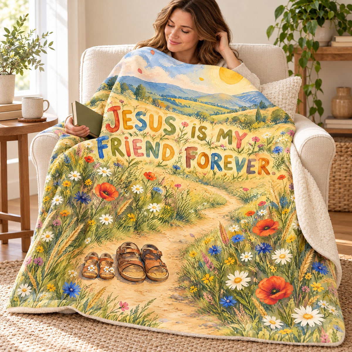 Jesus Is My Friend Forever. blanket, wrapped around a reader
