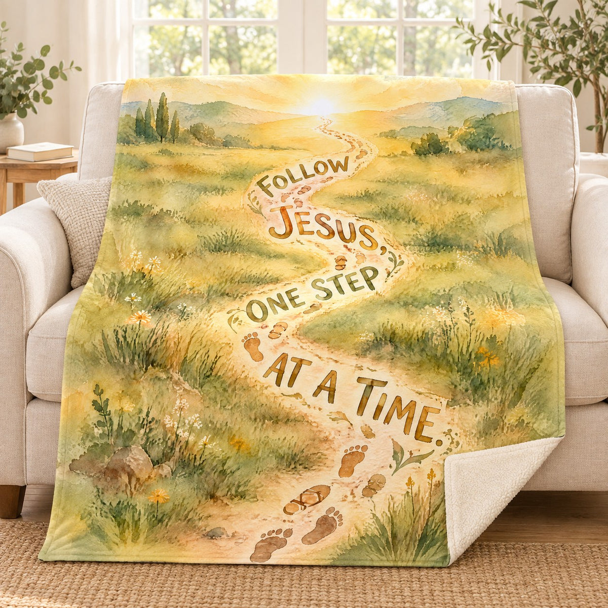 Follow Jesus, One Step at a Time. blanket, on a sofa