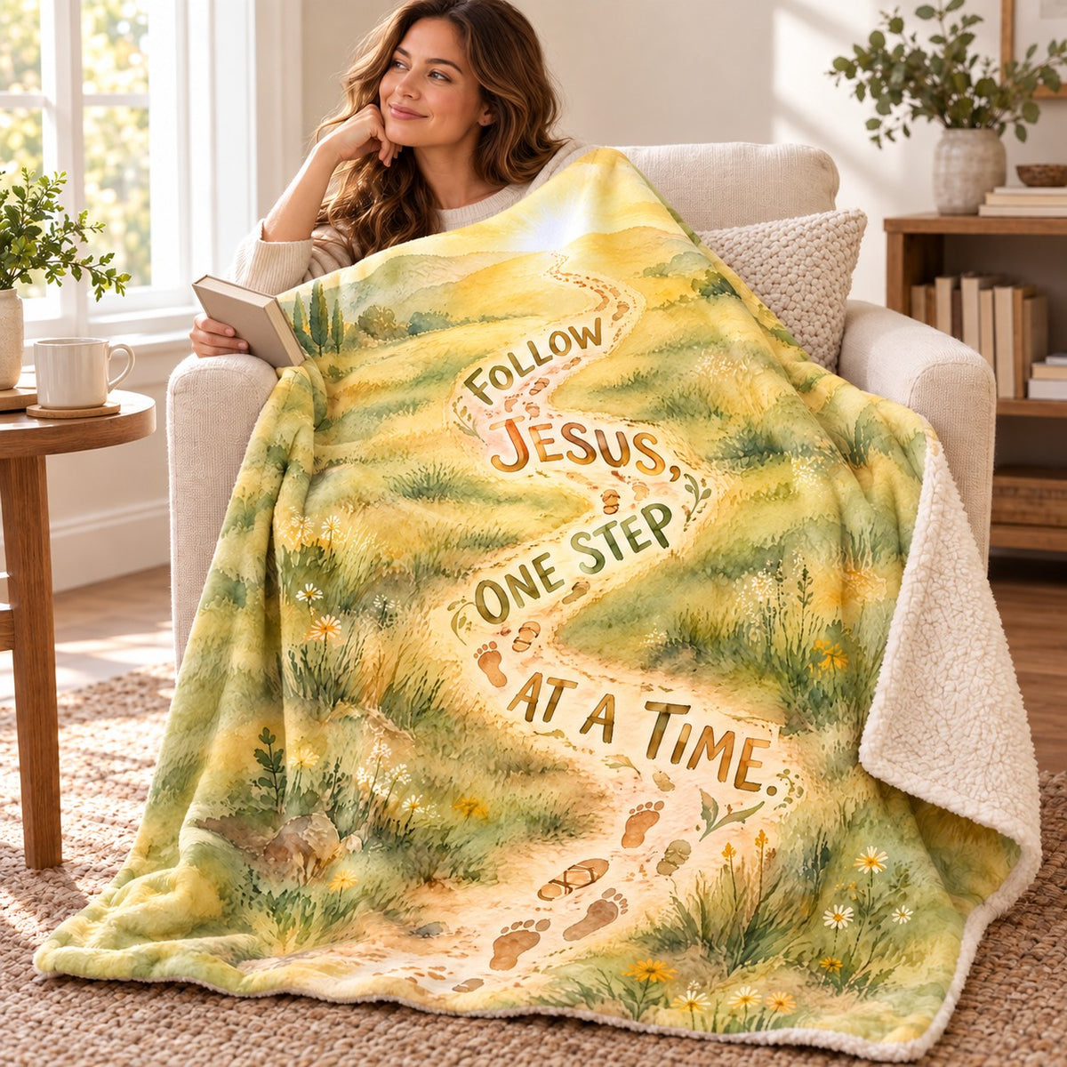 Follow Jesus, One Step at a Time. blanket, wrapped around a reader