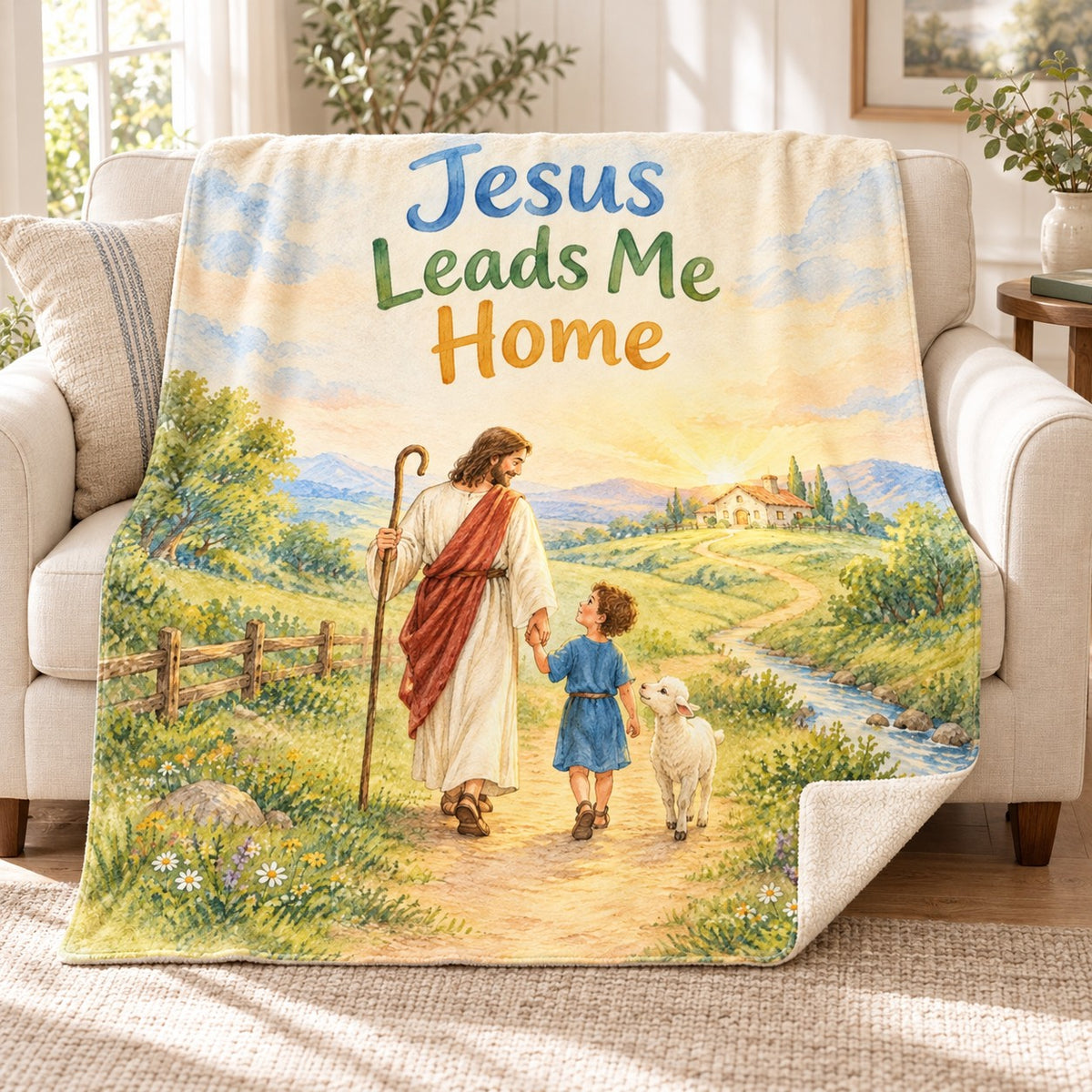 Jesus Leads Me Home. blanket, on a sofa