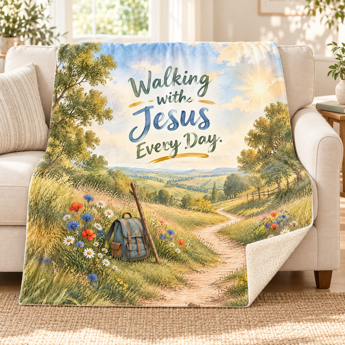 Walking with Jesus Every Day. blanket, on a sofa