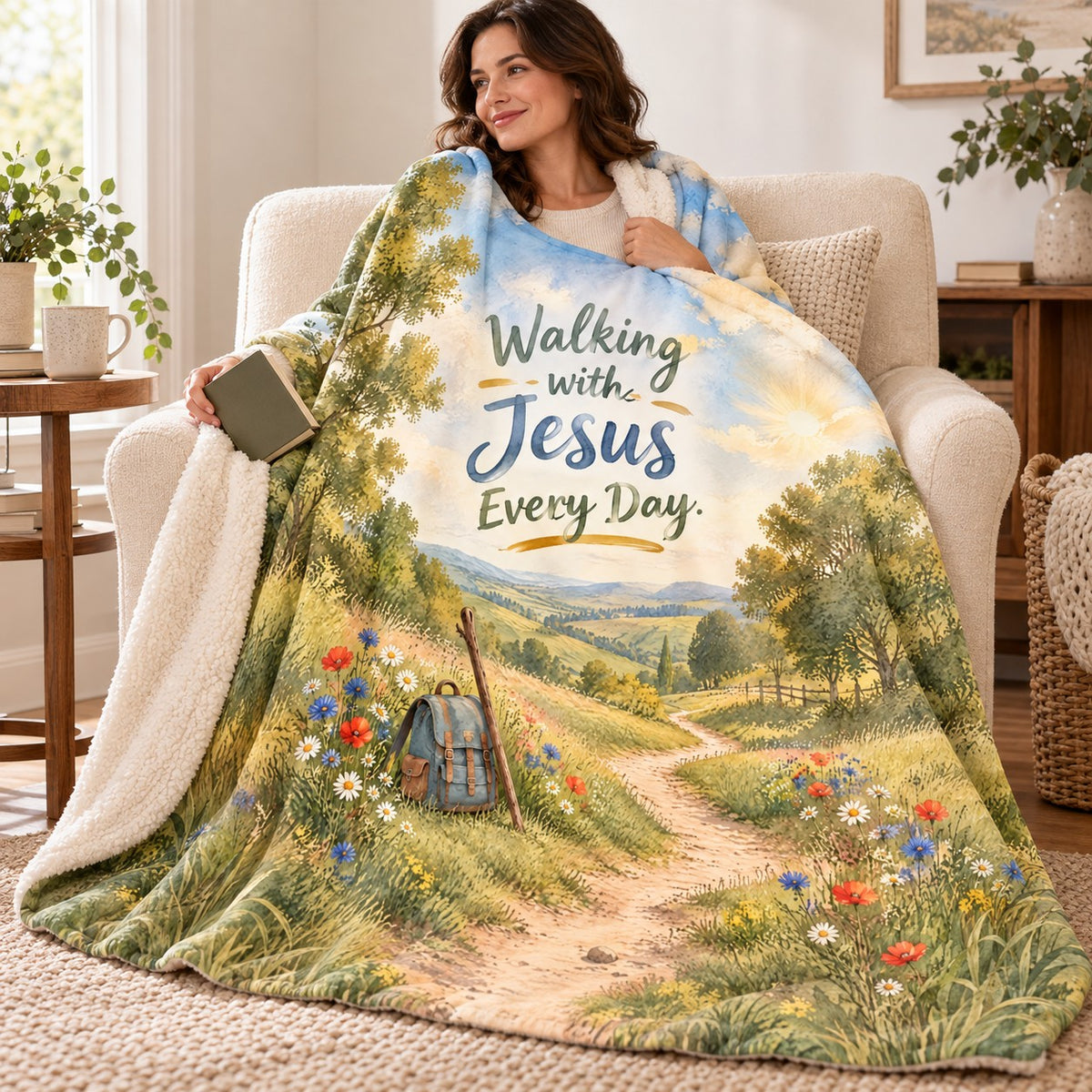 Walking with Jesus Every Day. blanket, wrapped around a reader