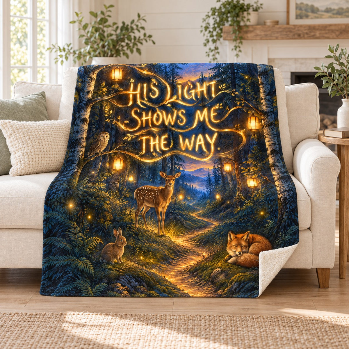 His Light Shows Me the Way. blanket, on a sofa