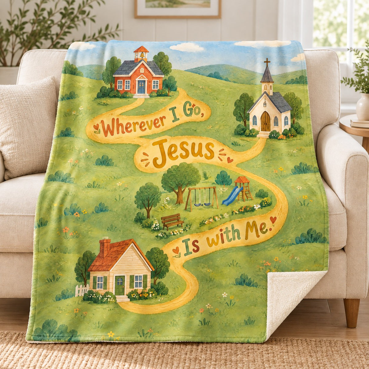 Wherever I Go, Jesus Is with Me. blanket, on a sofa