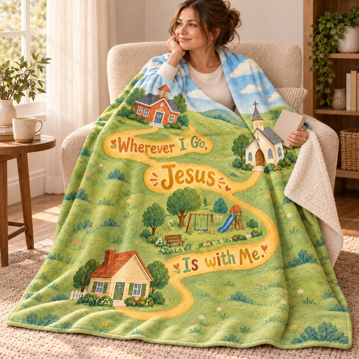 Wherever I Go, Jesus Is with Me. blanket, wrapped around a reader