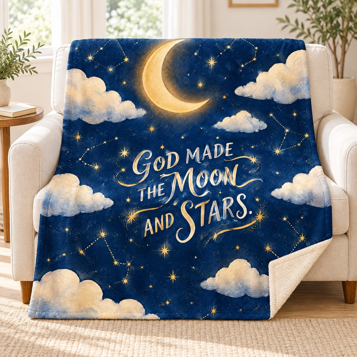 God Made the Moon and Stars. blanket, on a sofa