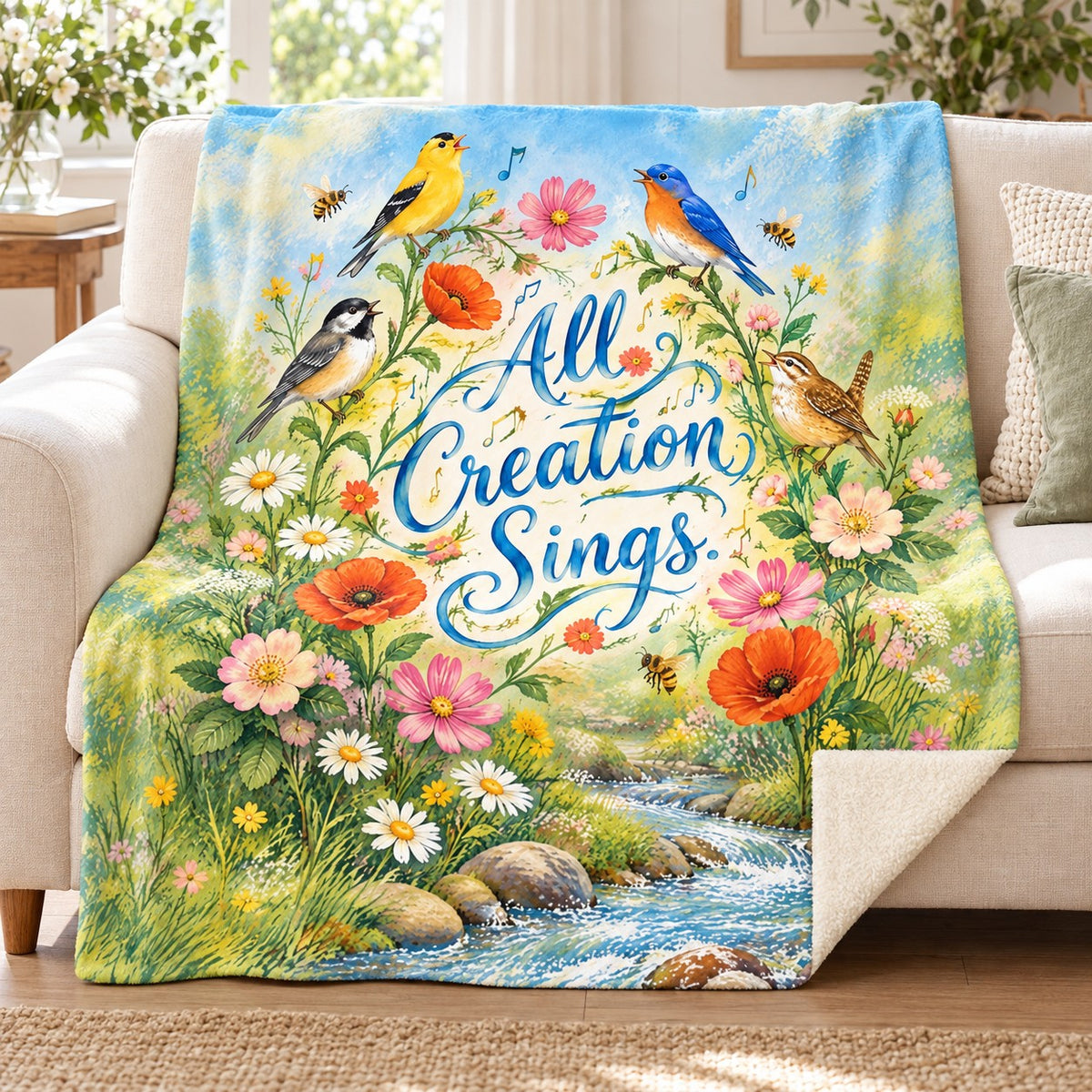 All Creation Sings. blanket, on a sofa