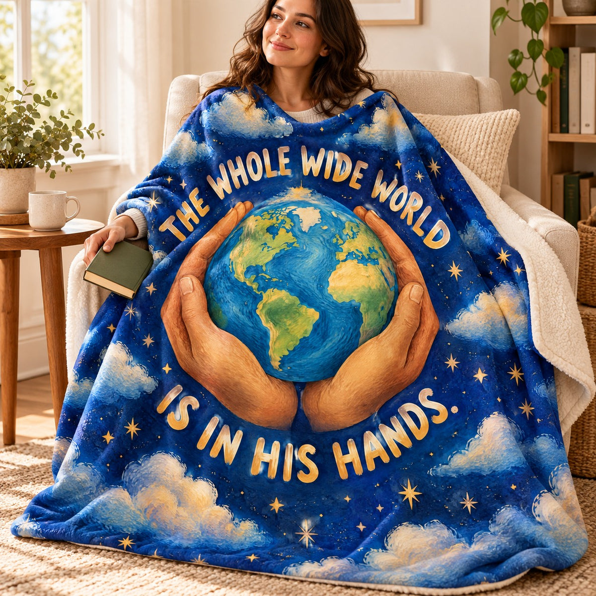 The Whole Wide World Is in His Hands. blanket, wrapped around a reader