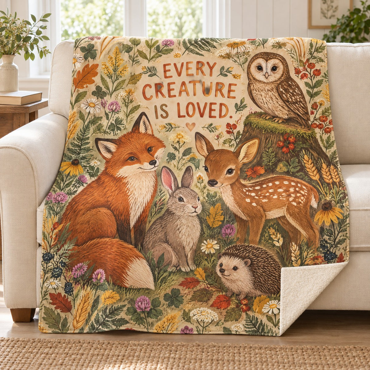 Every Creature Is Loved. blanket, on a sofa