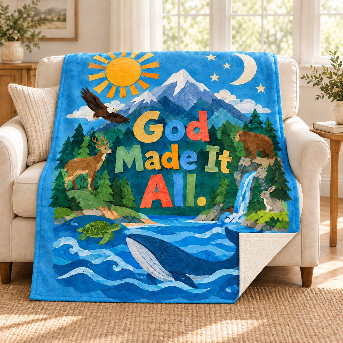 God Made It All. blanket, on a sofa