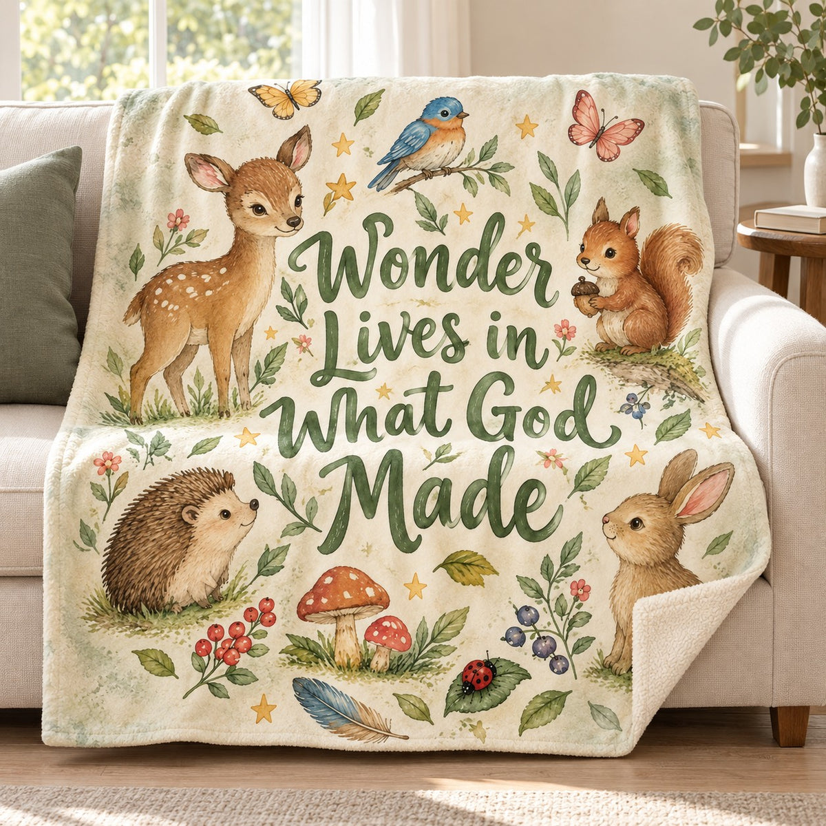 Wonder Lives in What God Made. blanket, on a sofa