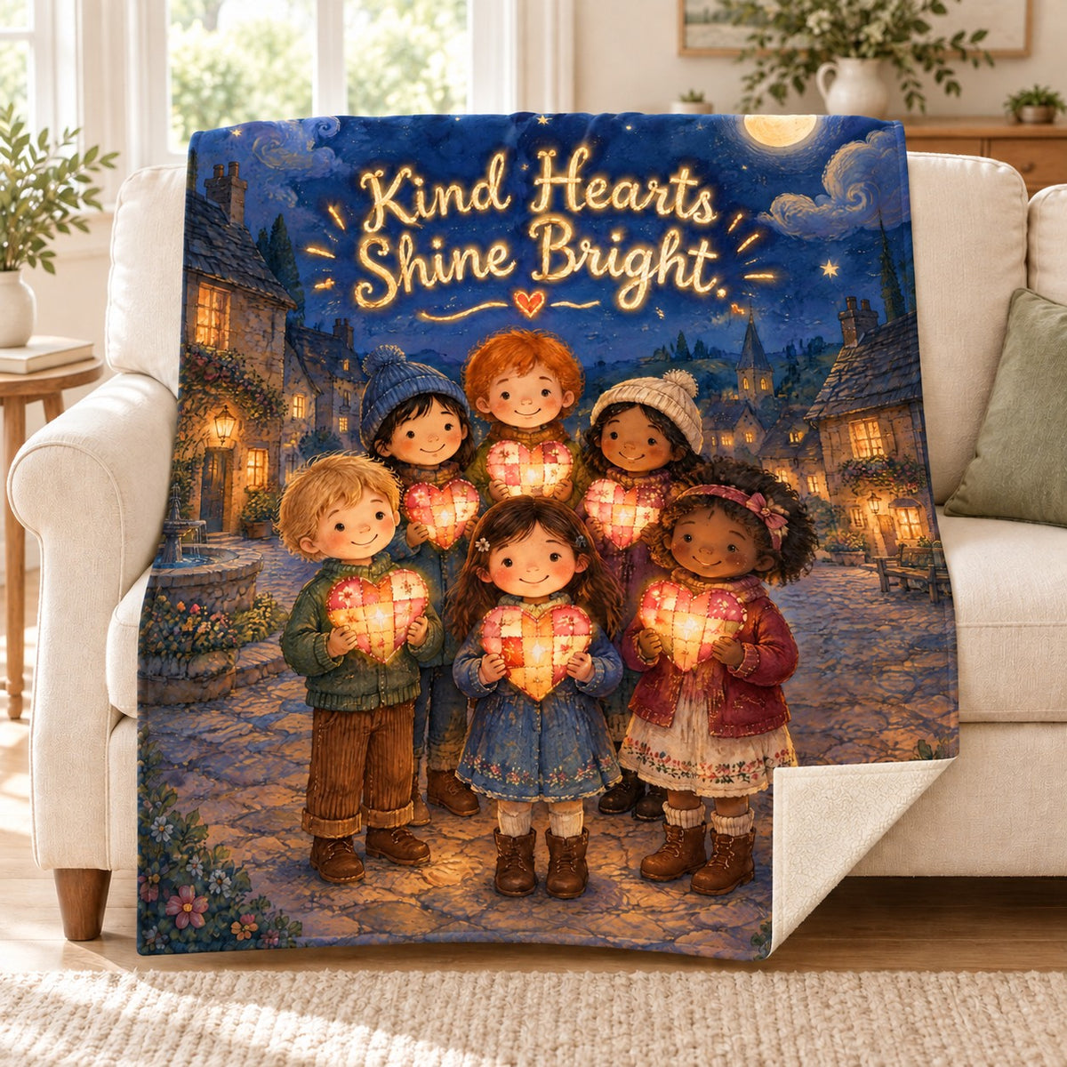 Kind Hearts Shine Bright. blanket, on a sofa