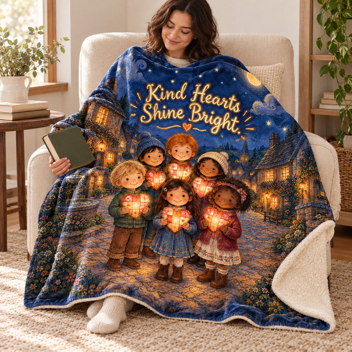 Kind Hearts Shine Bright. blanket, wrapped around a reader