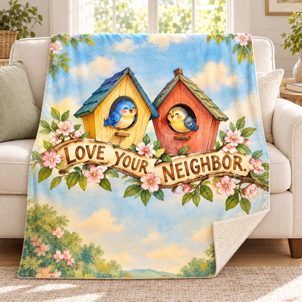 Love Your Neighbor. blanket, on a sofa