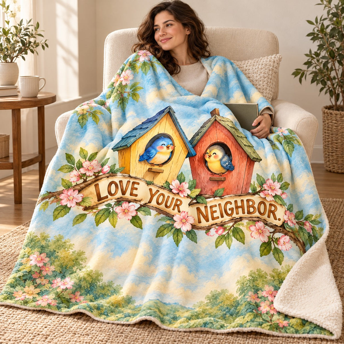 Love Your Neighbor. blanket, wrapped around a reader